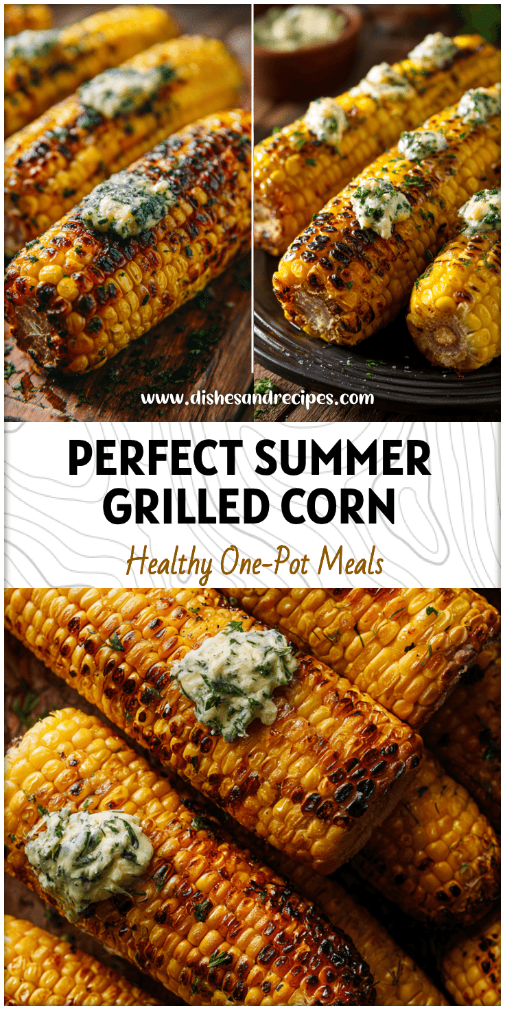 Charred corn on the cob topped with creamy herbed butter on a summer grill platter.